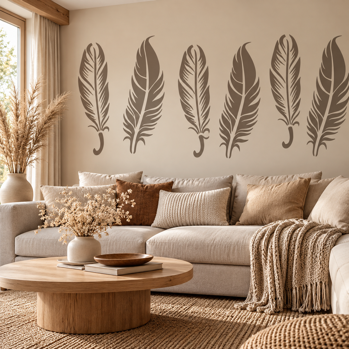 Decorative Feather Stencil featuring oversized taupe feathers arranged above a beige sofa in a modern boho living room.