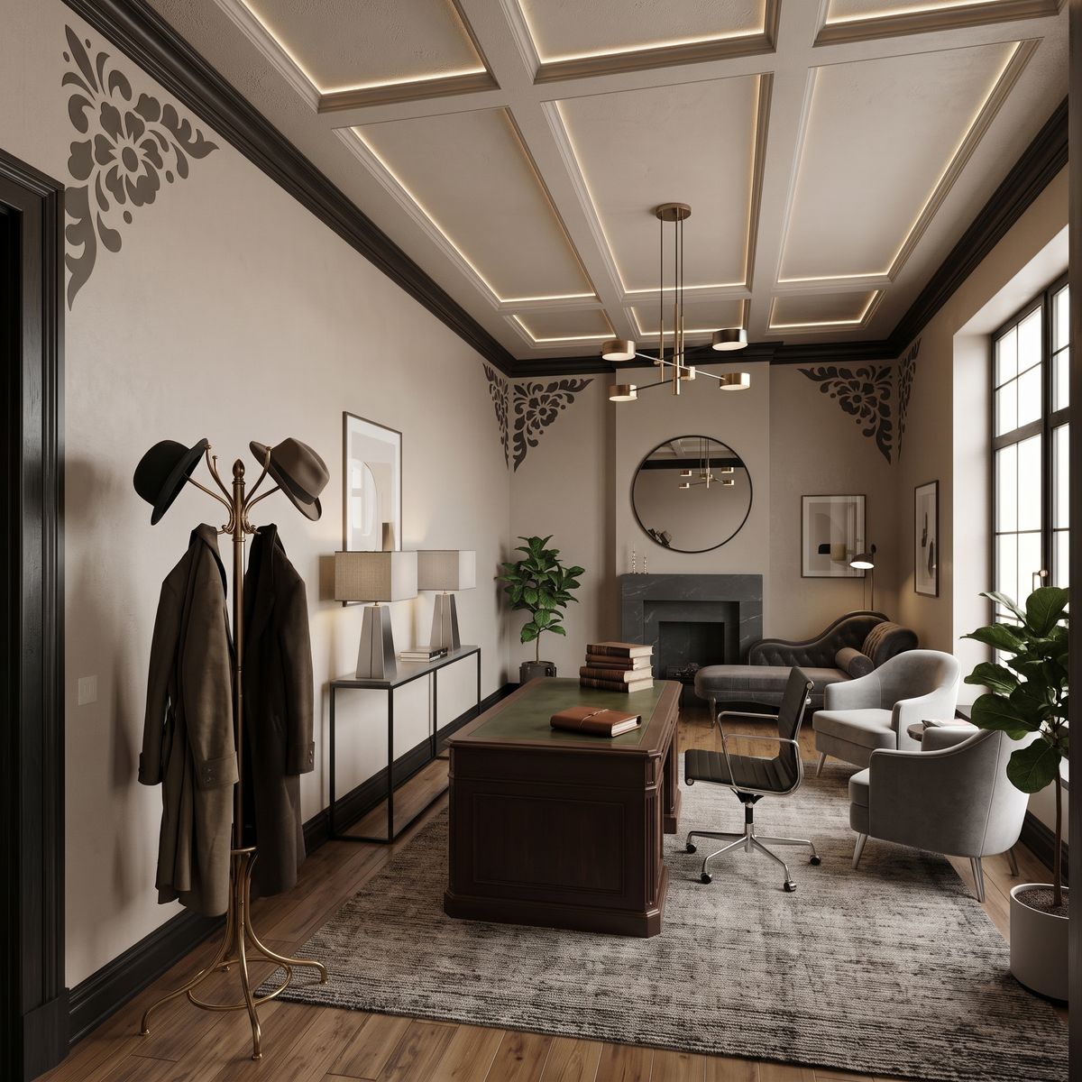 Decorative floral corner wall stencil with an ornamental flower pattern used as elegant wall decor in a home office.
