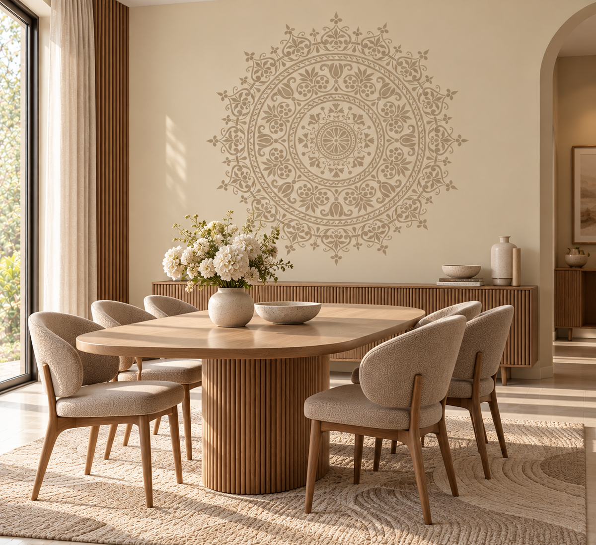 Decorative Mandala Wall Stencil in soft beige on a warm neutral wall above a wooden sideboard in a bright dining room.