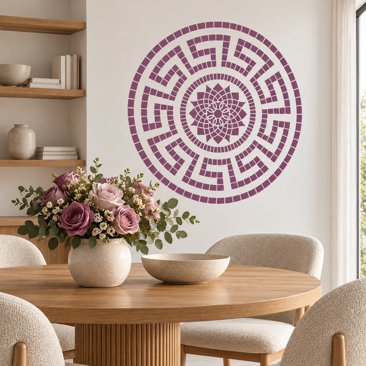 Decorative Mandala Wall Stencil in mauve purple above a wooden dining table with pink roses in an elegant dining room.