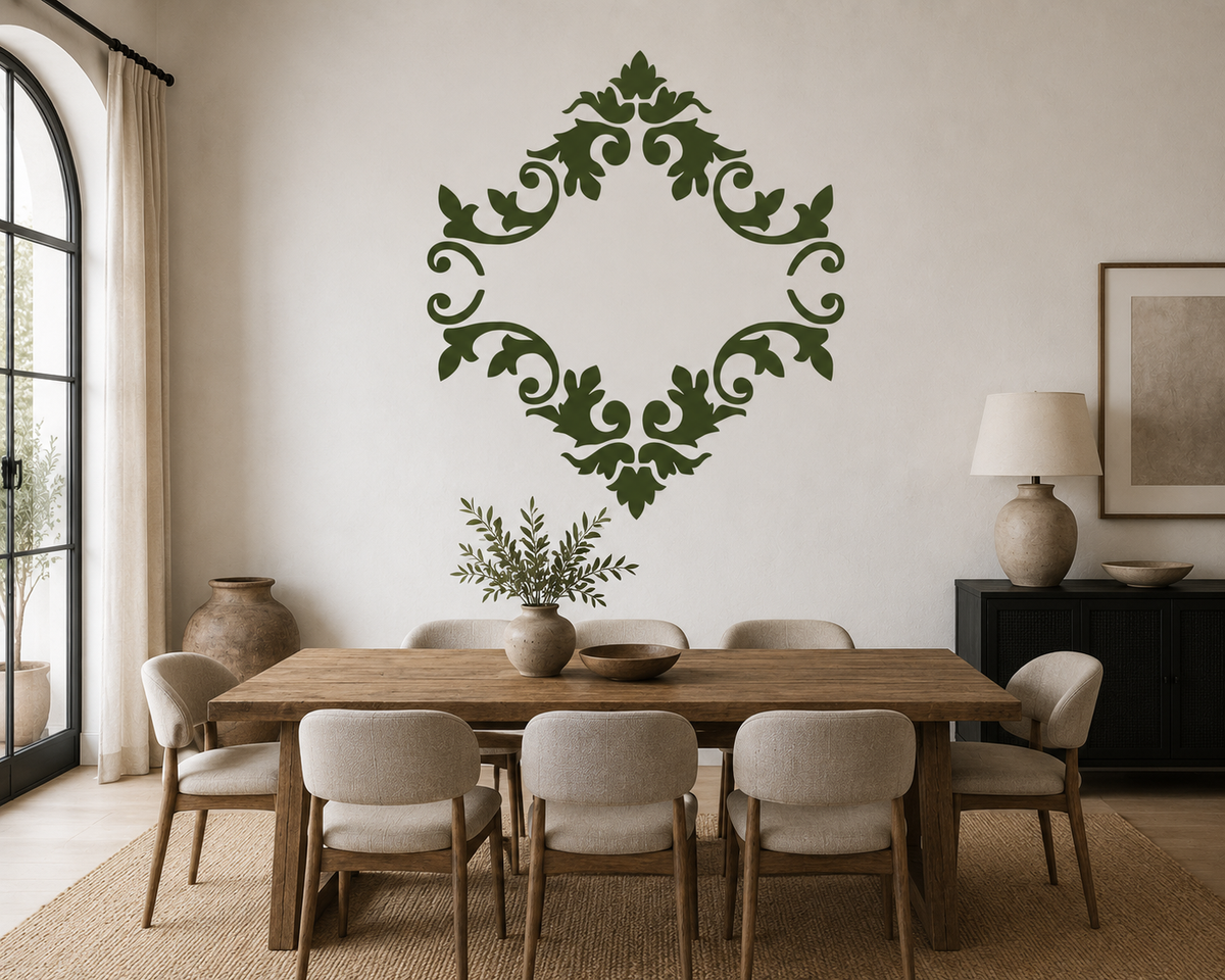 Elegant ornamental frame stencil creating a large decorative wall feature in a neutral dining room