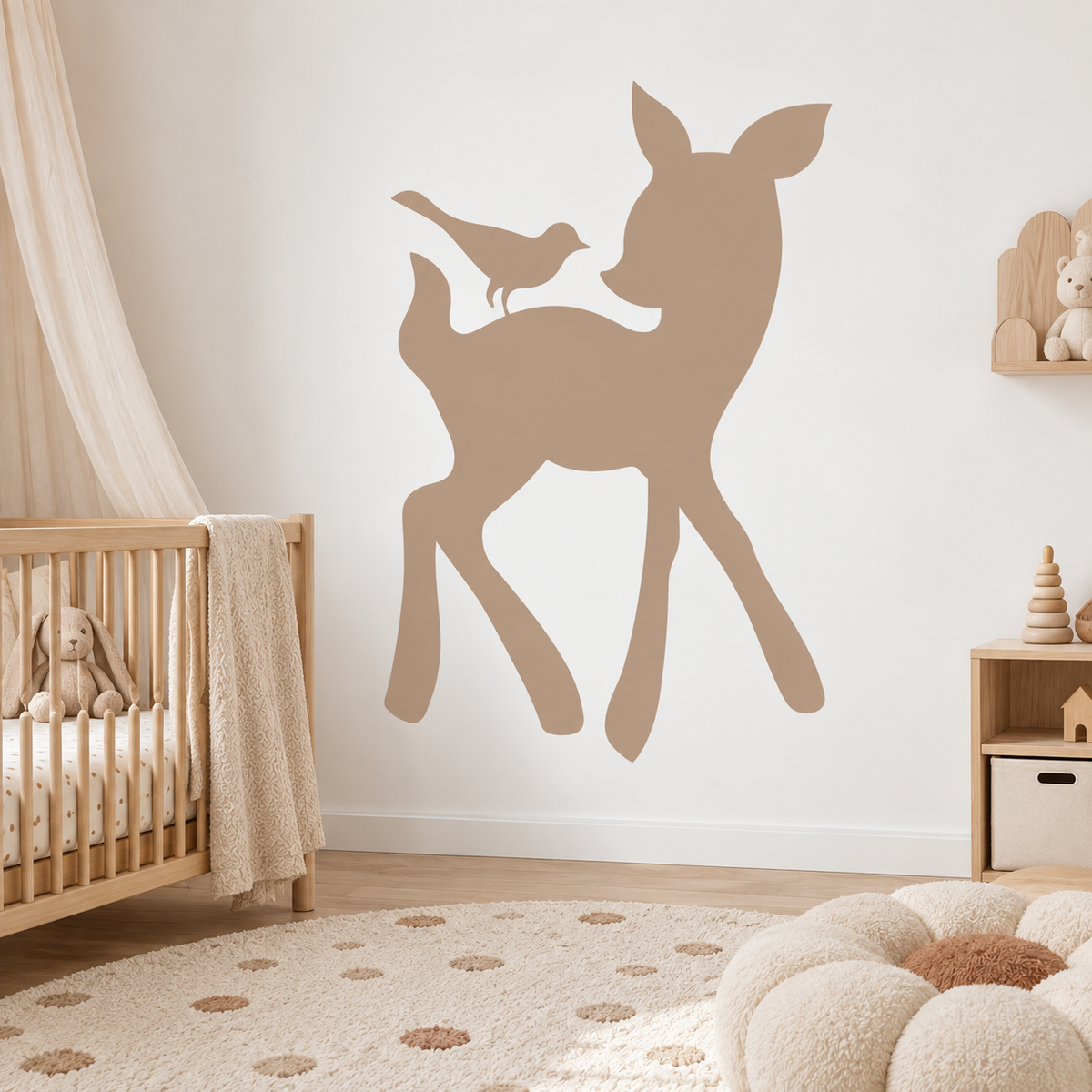 Beige Deer and Bird wall stencil in a soft neutral nursery.