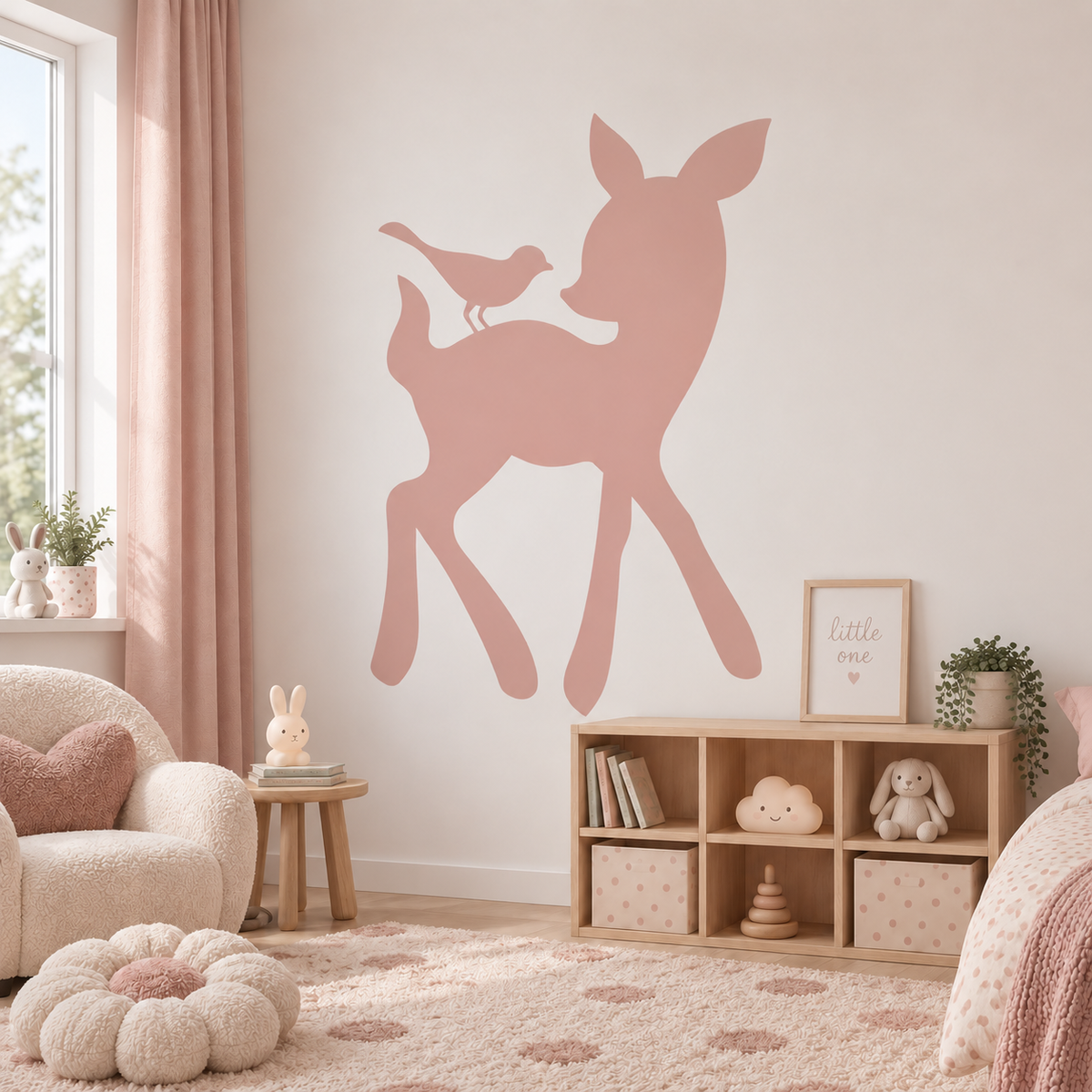 Dusty pink Deer and Bird wall stencil in a soft modern girls’ bedroom.