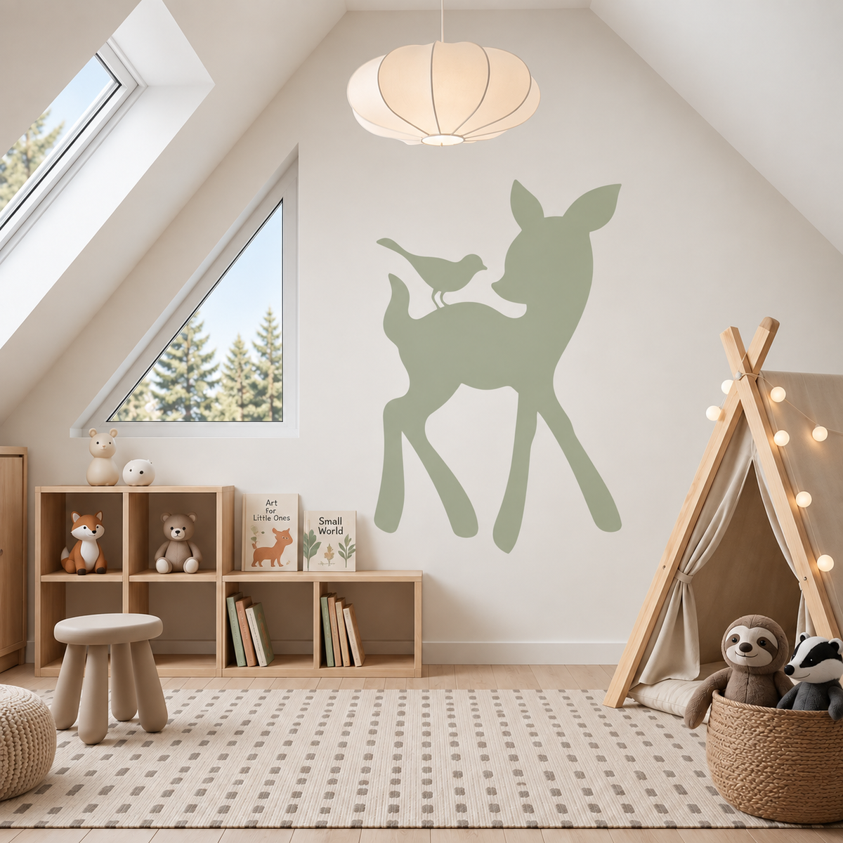 Sage green Deer and Bird wall stencil in a bright modern kids’ playroom.