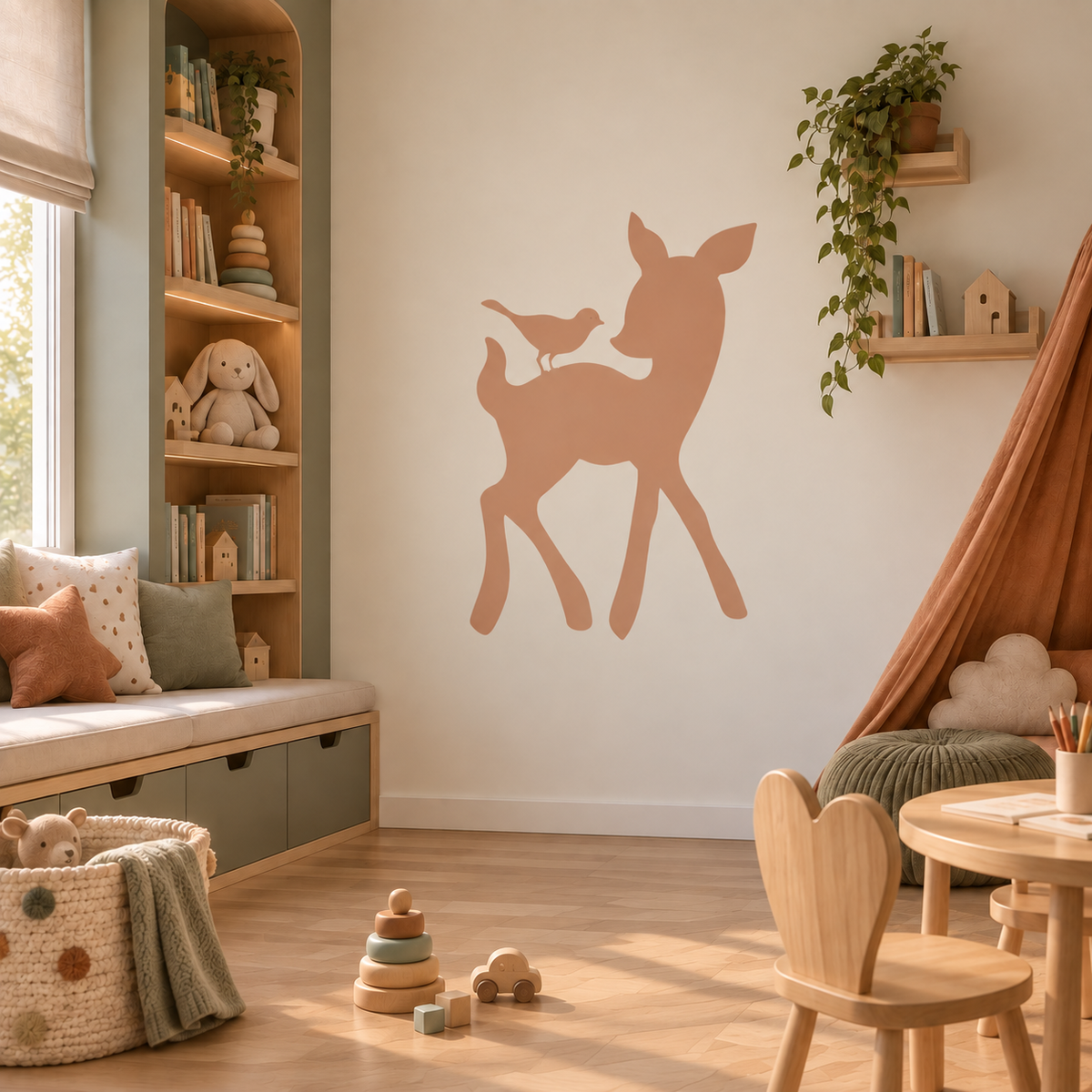 Terracotta Deer and Bird wall stencil in a warm modern kids’ playroom.