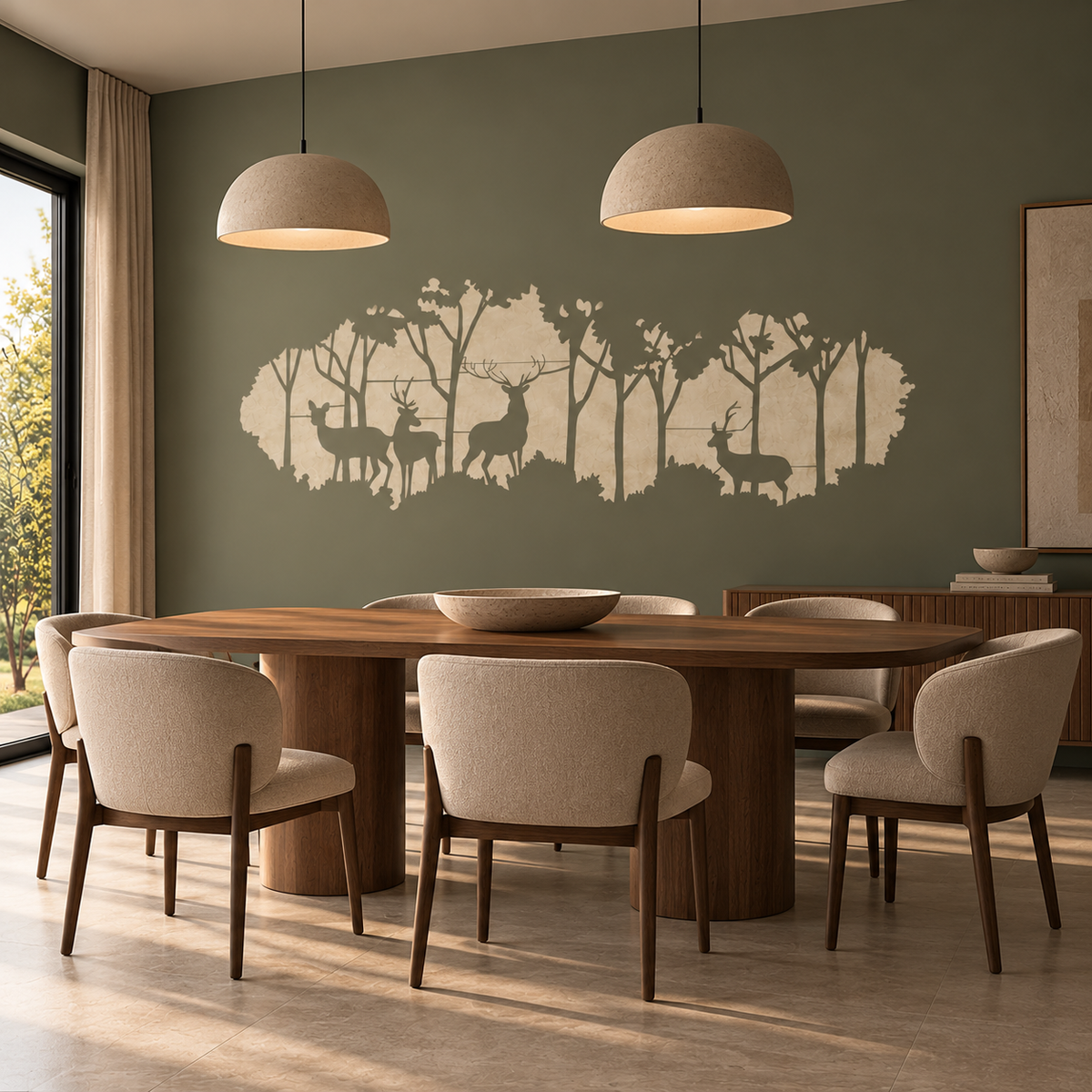 Deer Family in Forest Stencil featuring four deer among woodland trees in cream on an olive green wall above a wooden dining table.