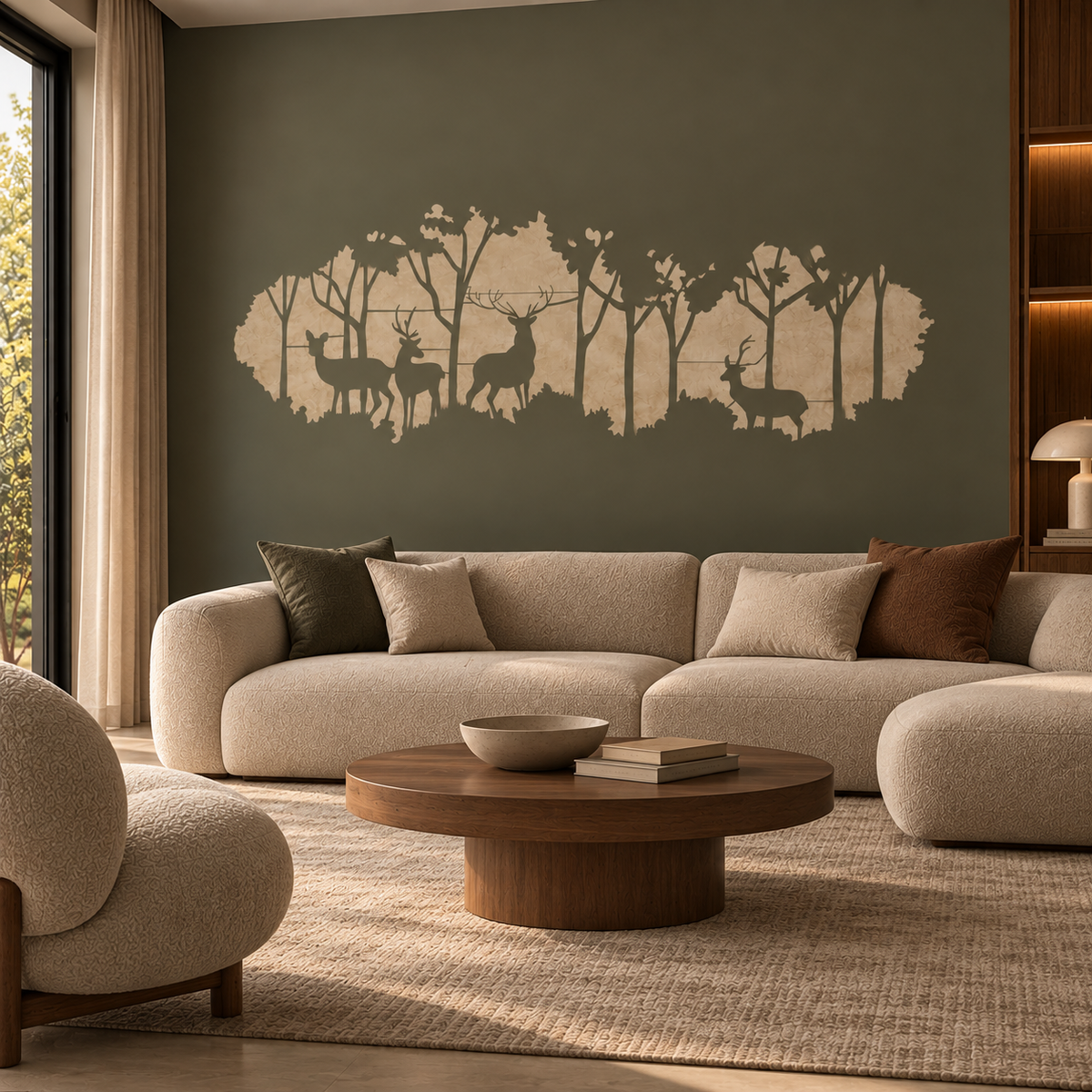 Deer in Forest Stencil in light beige featuring a woodland scene with deer and trees on a warm brown wall above a cream sofa in a cozy living room.