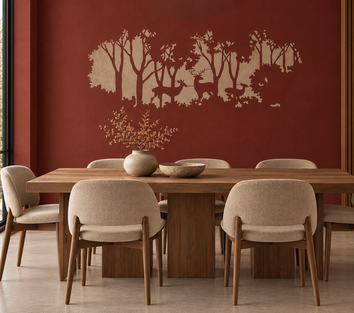 Deer in Forest Stencil in beige depicting deer among woodland trees on a terracotta red wall above a wooden dining table.