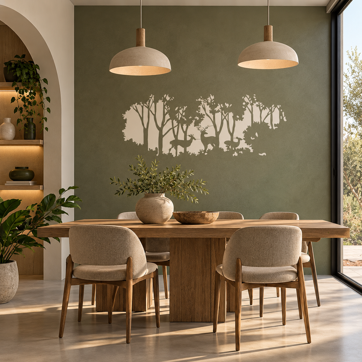 Deer in Forest Stencil in cream with deer and forest silhouettes on an olive green accent wall in a contemporary dining room.