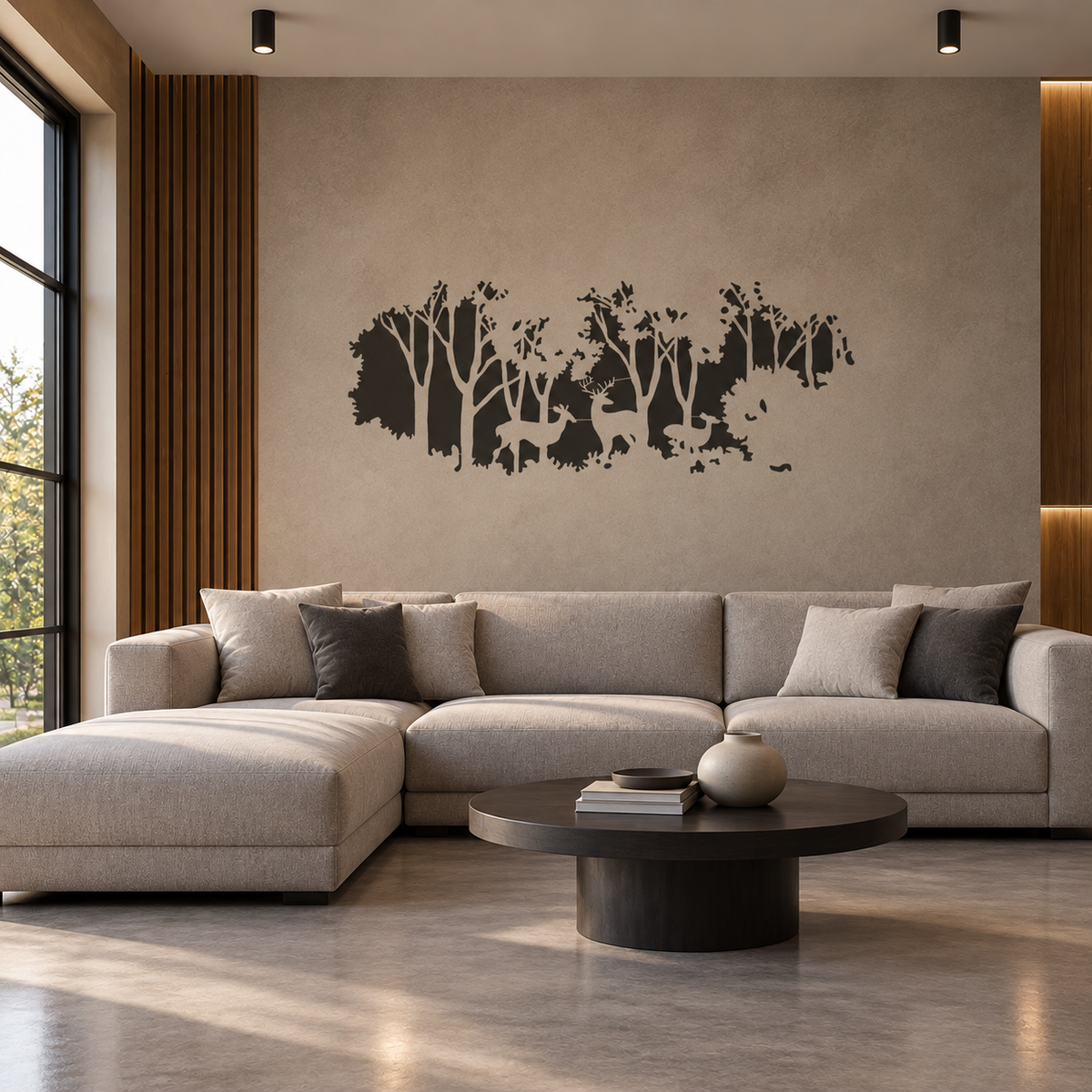 Deer in Forest Stencil in dark gray featuring deer and woodland trees on a beige wall above a sectional sofa in a modern living room.