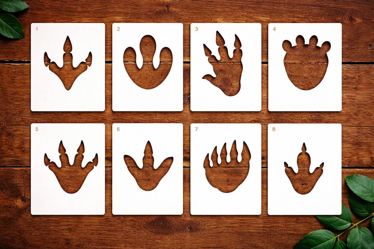 Dinosaur footprint stencil set with multiple prehistoric track designs on white stencil sheets placed on wooden background.