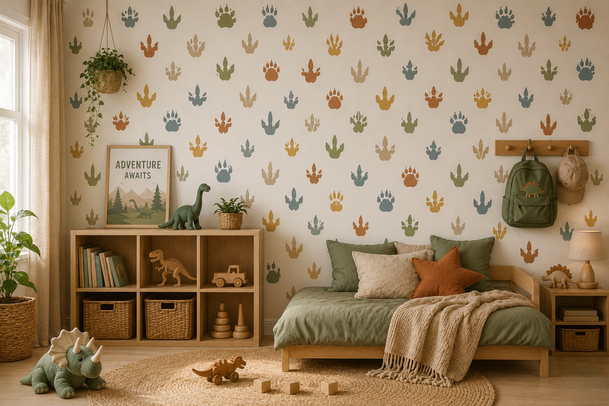 Dinosaur footprint stencil pattern in muted colorful tones repeated across nursery walls in a modern dinosaur-themed kids bedroom with wooden furniture and natural decor.