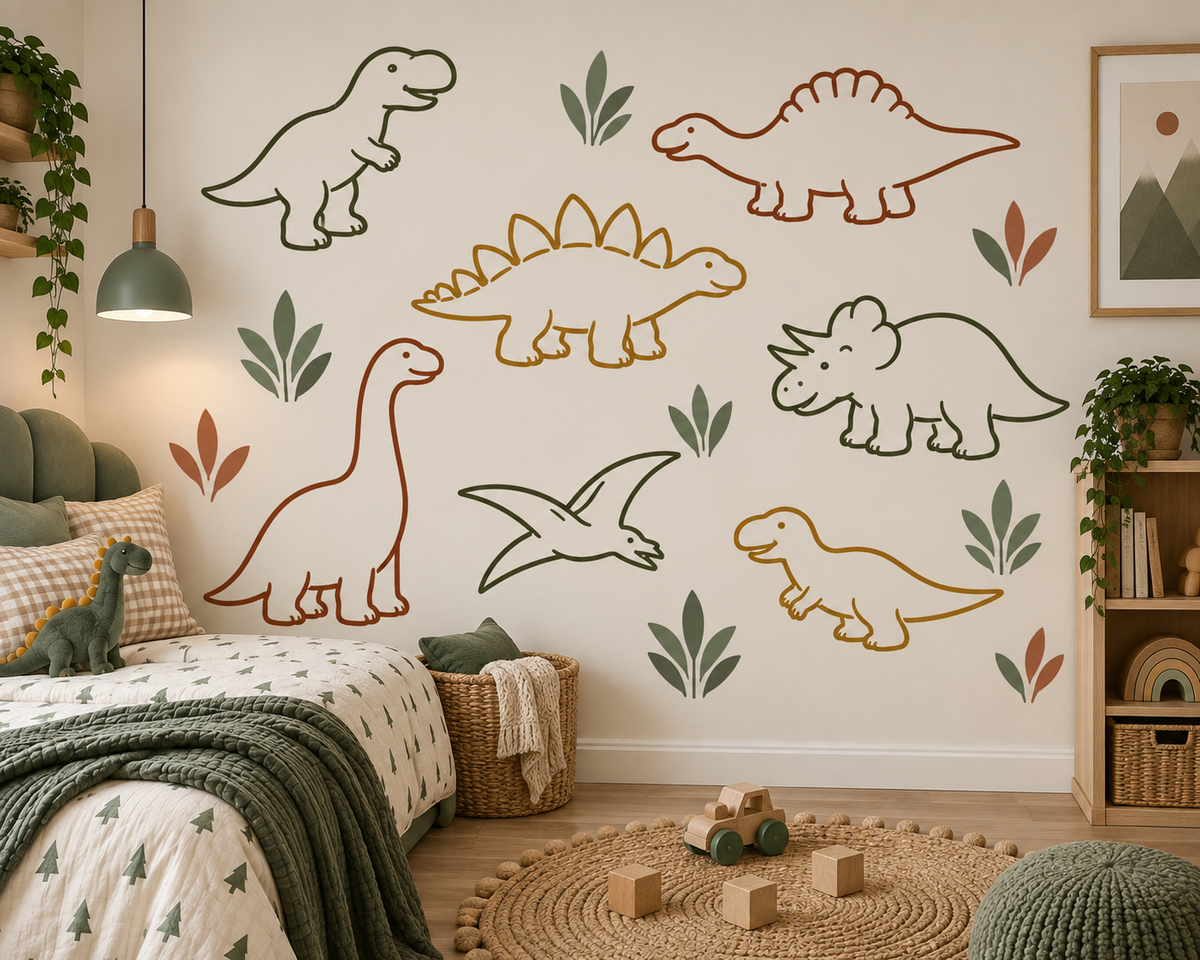 Dinosaur outline stencil set in earthy green, terracotta, and mustard colors on a kids’ bedroom wall with playful botanical accents and natural wood decor.