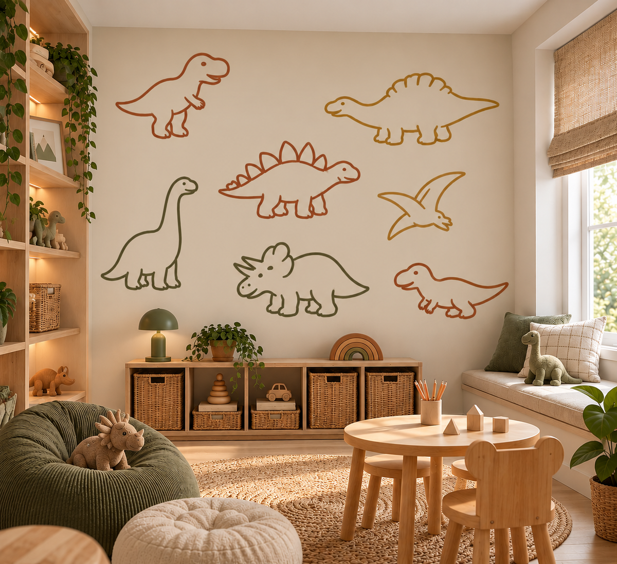 Dinosaur outline stencil set in earthy colors on a neutral wall in a warm modern kids’ playroom with natural wood furniture and woven decor.