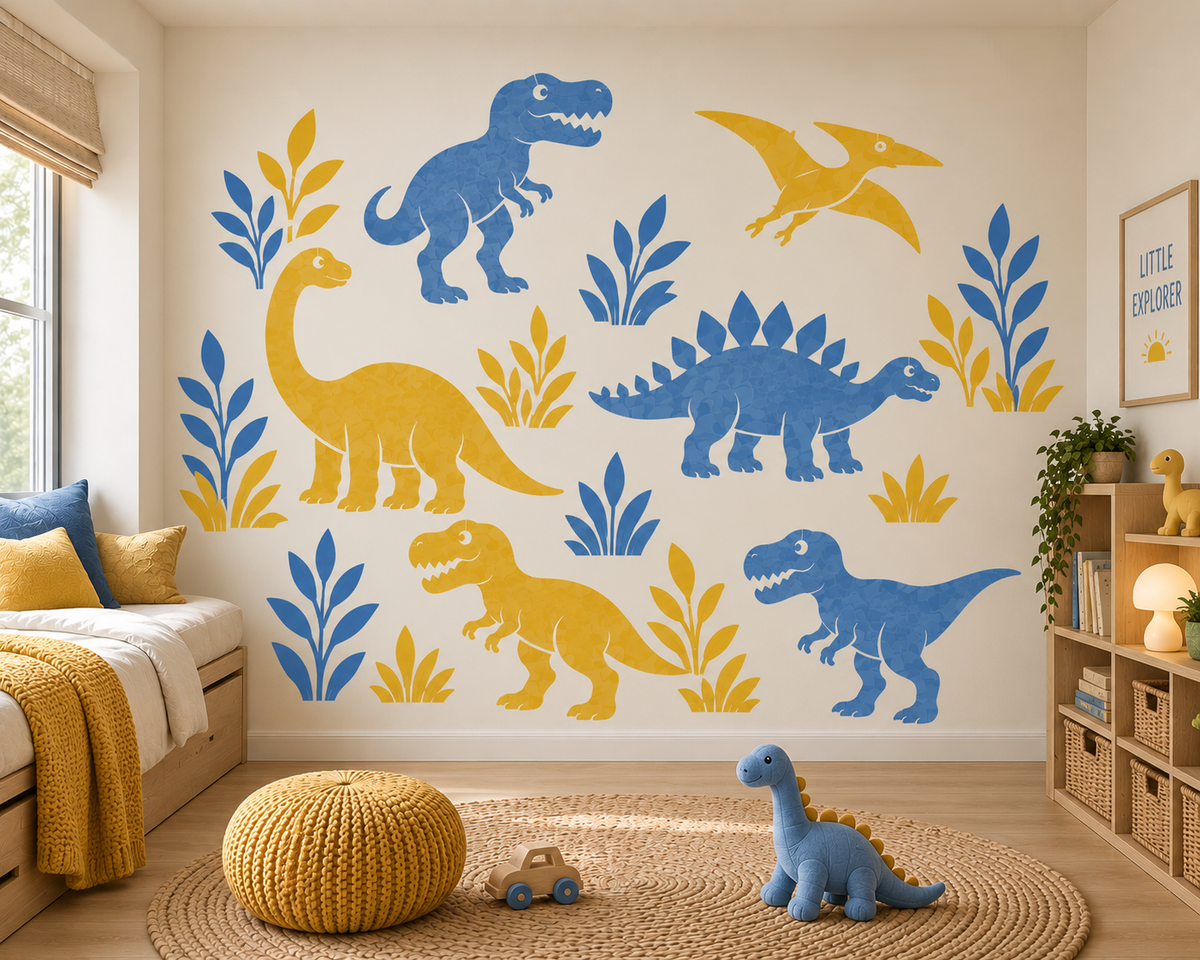 Blue and yellow Dinosaur Scene Stencil Set featuring playful dinosaurs and botanical elements on a neutral wall in a modern kids’ bedroom.