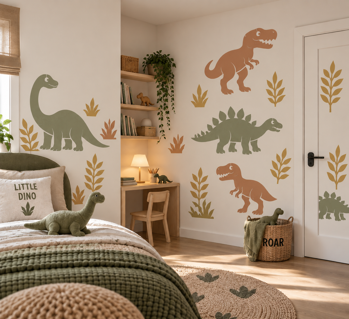 Dinosaur Scene Stencil Set in earthy green, terracotta, and mustard tones on the walls of a cozy modern kids’ bedroom.