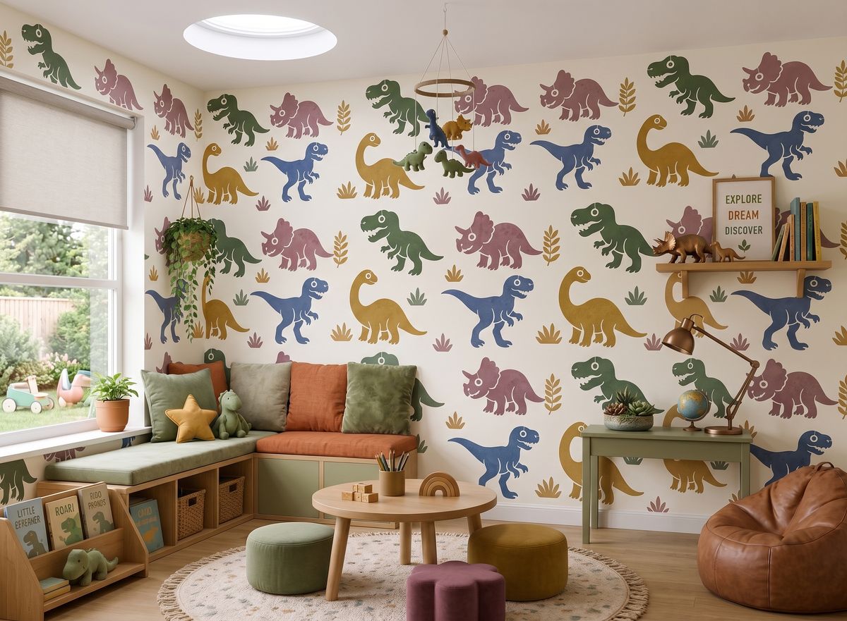 Colorful dinosaur stencil pattern featuring T-Rex, Triceratops and long-neck dinosaurs repeated across the wall of a warm modern kids’ playroom.