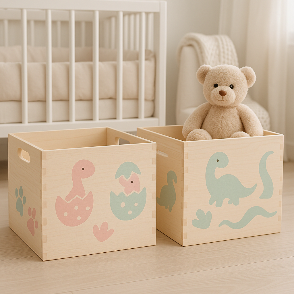 Light wooden toy boxes in a nursery featuring pastel dinosaur stencil illustrations, with a teddy bear sitting inside one box.