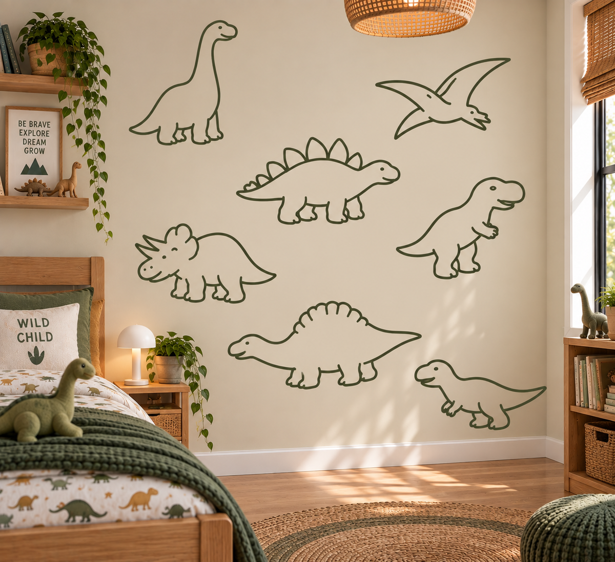 Seven olive green dinosaur stencil outlines arranged on a warm beige wall in a Scandinavian children’s bedroom.