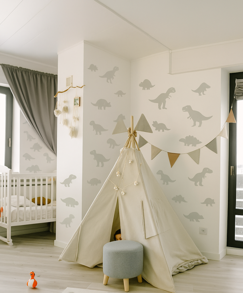 Colorful dinosaur stencils for walls featuring cartoon-style Tyrannosaurus Rex, Triceratops, Brachiosaurus, and Velociraptor above a child's bed in a kids’ bedroom.