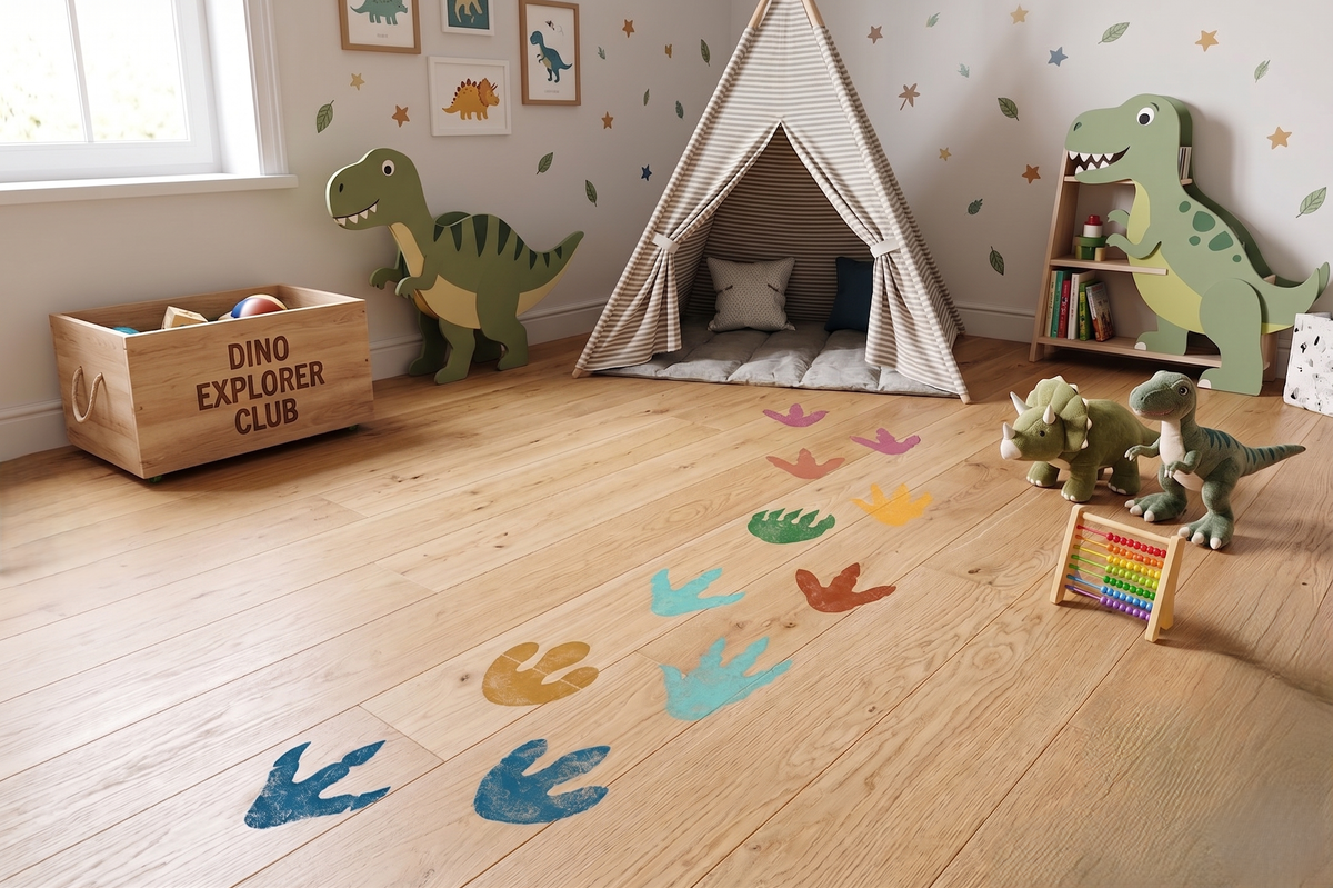 Dinosaur track stencil painted on wooden playroom floors creating colorful prehistoric footprints leading through a children’s dinosaur-themed play space with teepee tent and toys.