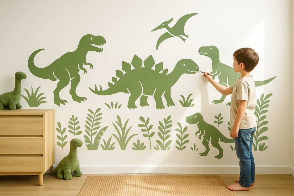Young boy painting green dinosaur silhouettes on a bedroom wall using stencils, creating a playful prehistoric-themed mural.