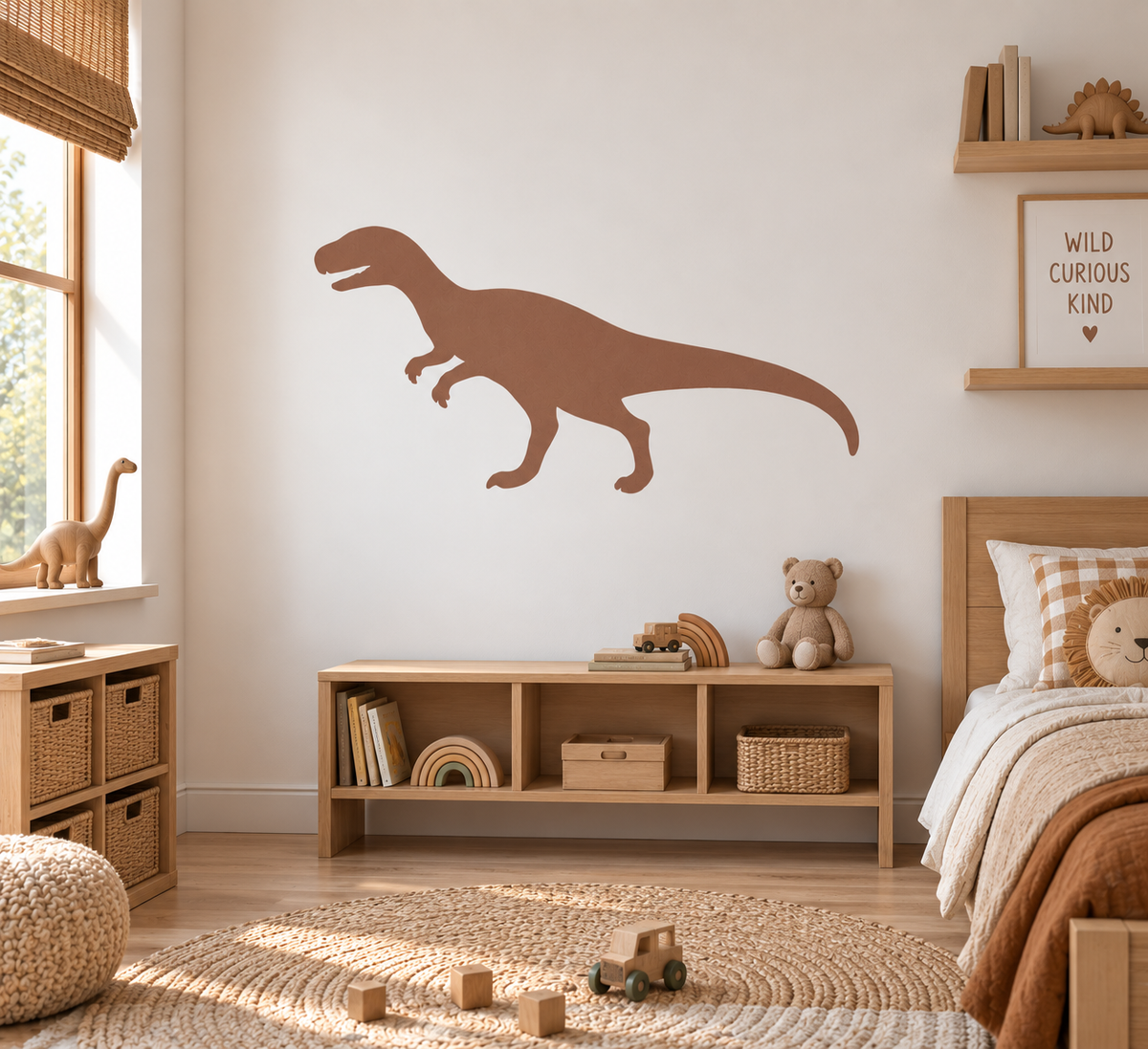 Terracotta dinosaur wall stencil used as dinosaur wall decor in a warm neutral kids bedroom