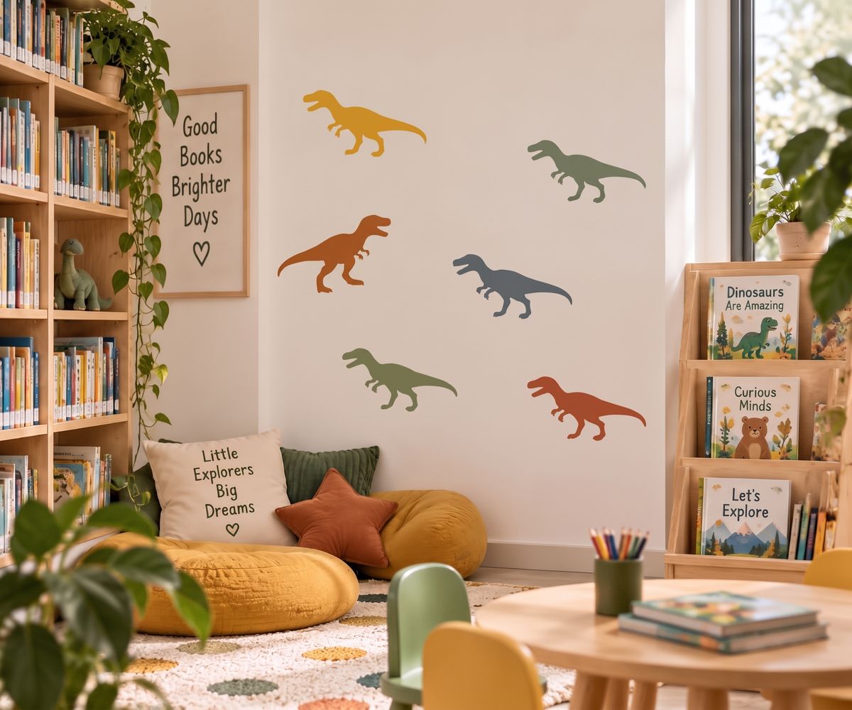 Colorful dinosaur wall stencils painted in a kids playroom reading corner