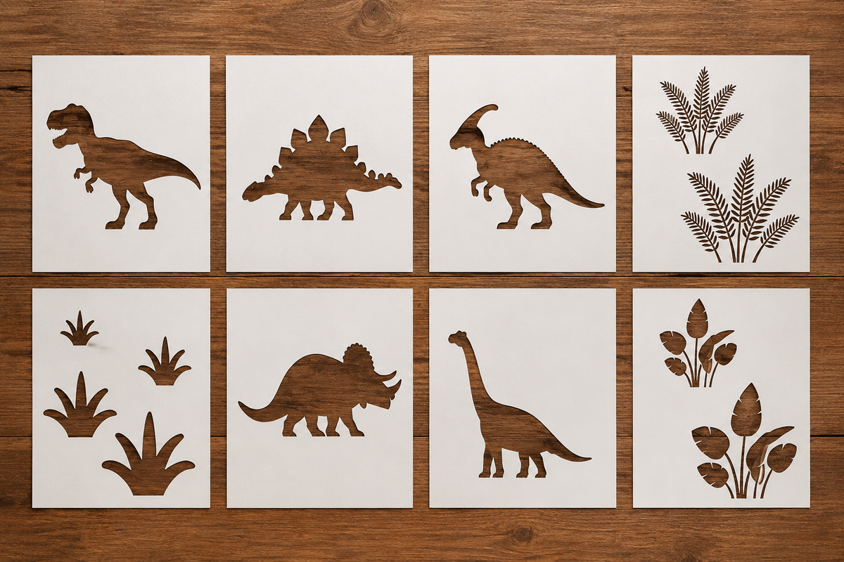 Dinosaurs & Plants Stencil Set with 8 reusable dinosaur and plant stencils