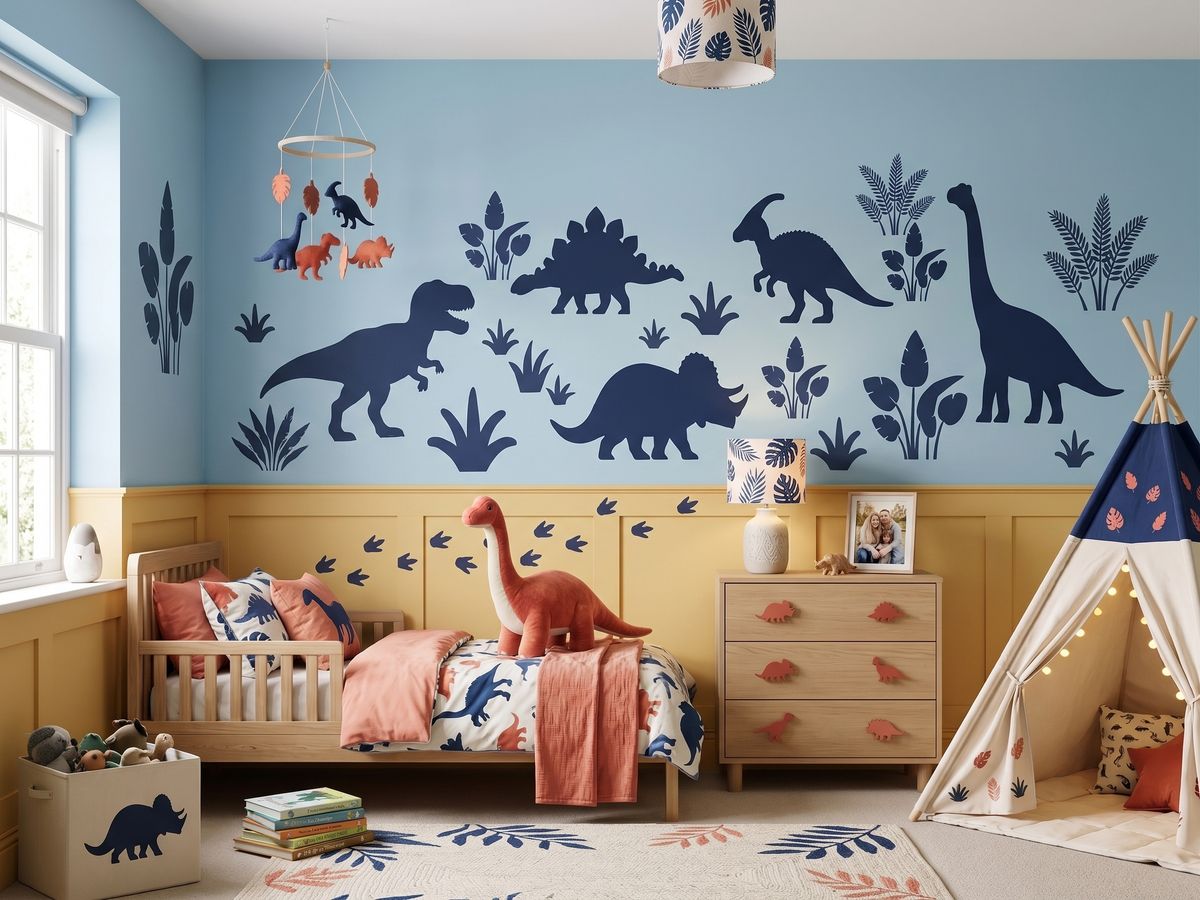 Dinosaurs & Plants Stencil Set on a colourful kids’ bedroom wall