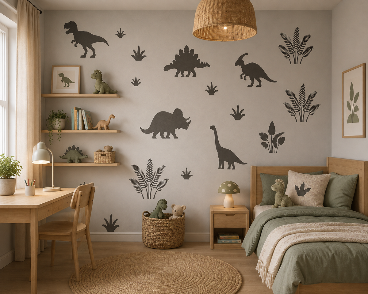Dinosaurs & Plants Stencil Set decorating a modern children’s bedroom