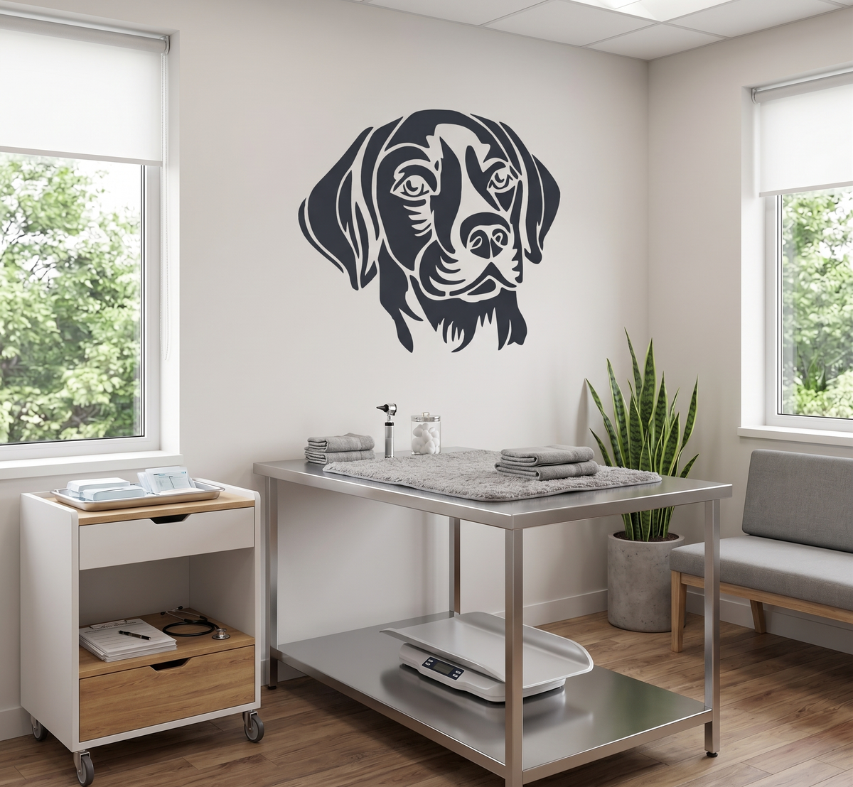 Black dog head wall stencil decorating a bright veterinary clinic examination room.