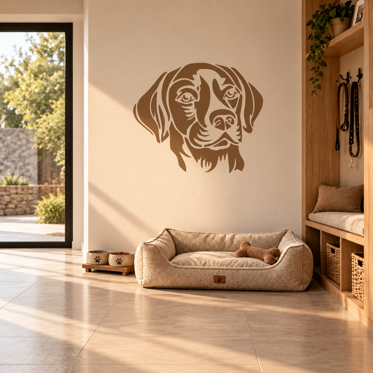 Brown dog head wall stencil above a cozy dog bed in a modern pet-friendly entryway.
