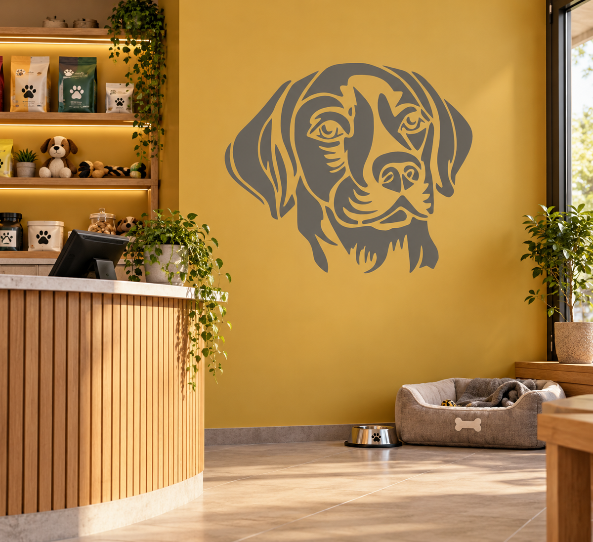 Dog head wall stencil displayed on a warm yellow wall in a modern pet shop interior.