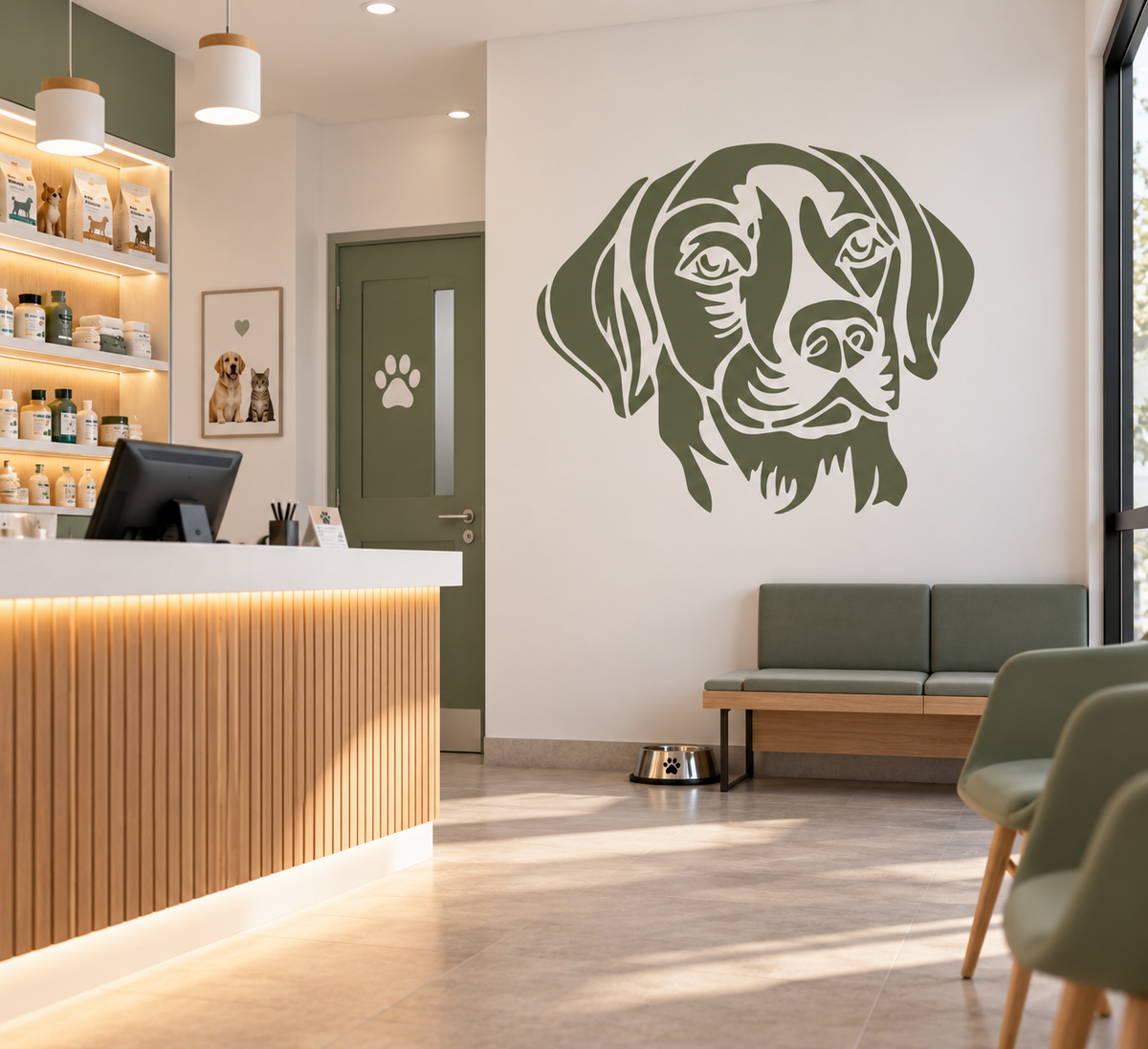 Dog Portrait Wall Stencil in a modern veterinary clinic reception and waiting area.