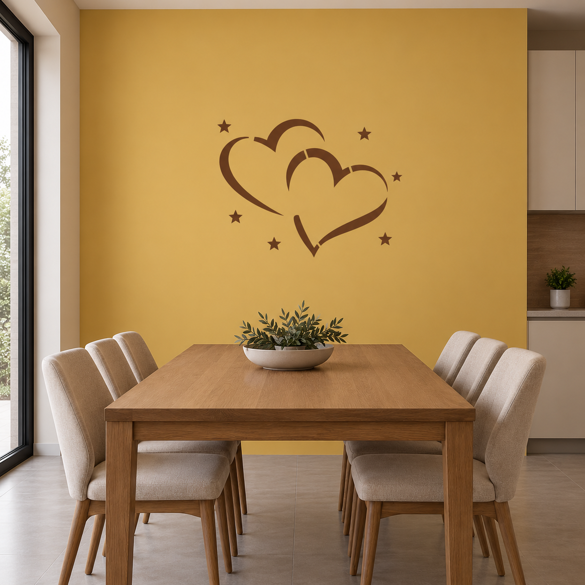 Double Heart Stencil in dark brown with surrounding stars on a mustard yellow wall in a modern dining room.