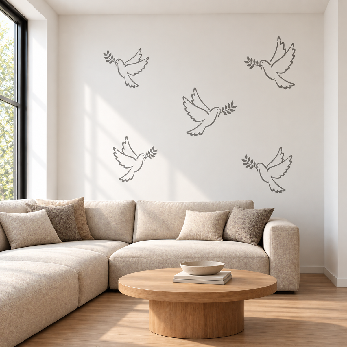 Dove Stencil in soft gray with flying doves carrying olive branches on a modern white living room wall