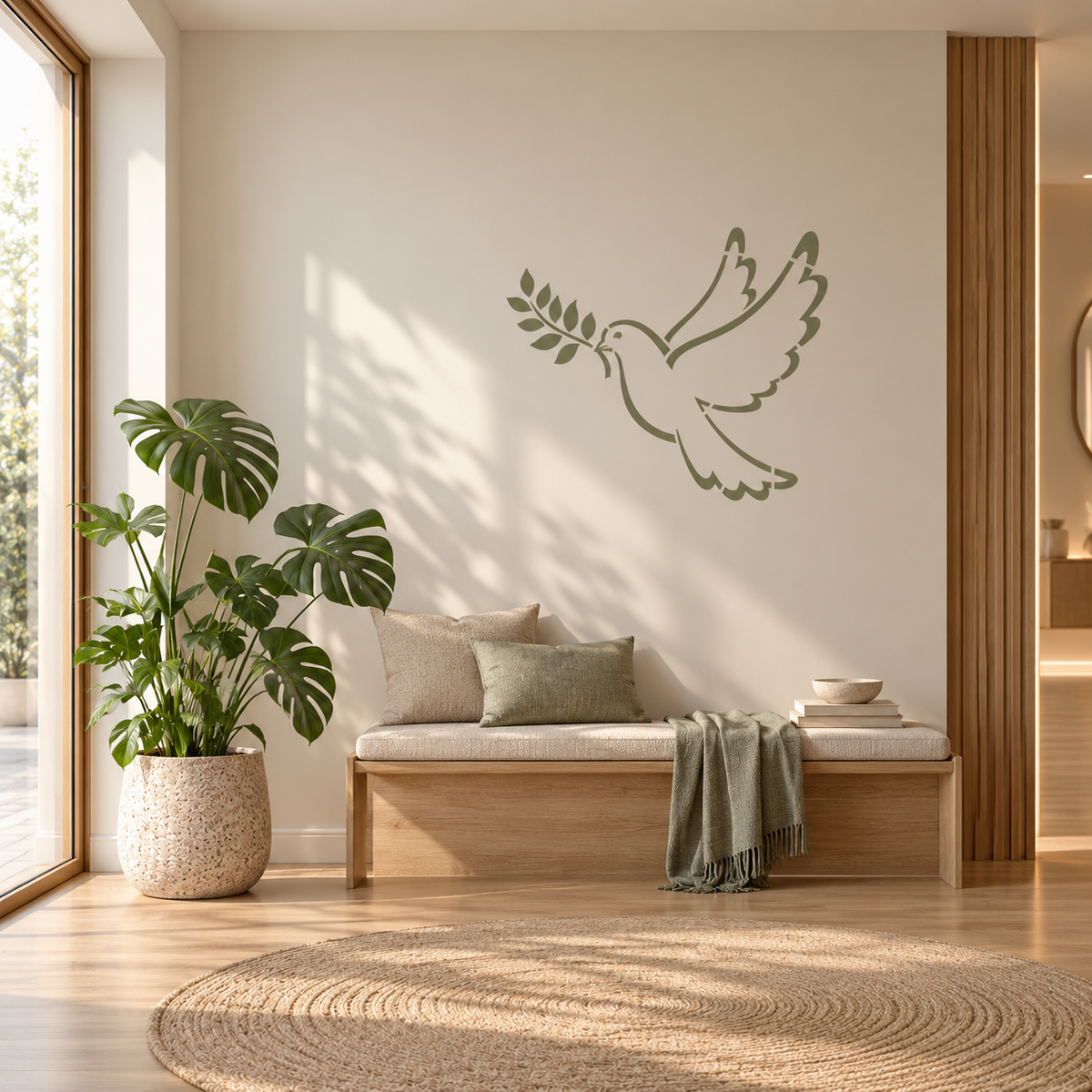 Dove Stencil in olive green featuring a flying dove with an olive branch on a warm neutral entryway wall
