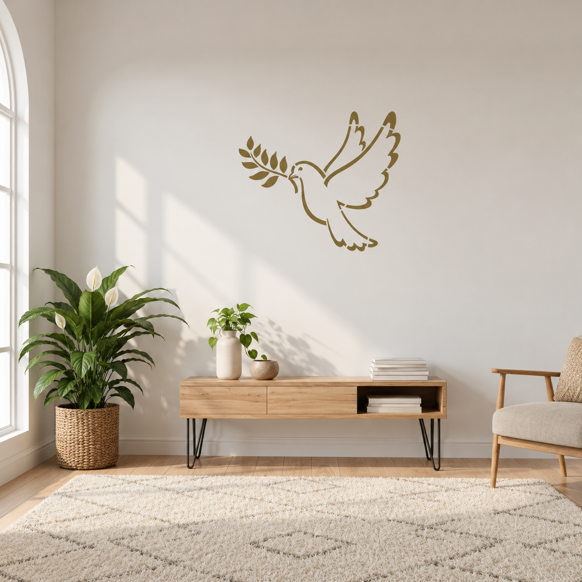 Dove Stencil in olive green featuring a flying dove with an olive branch on a bright neutral living room wall