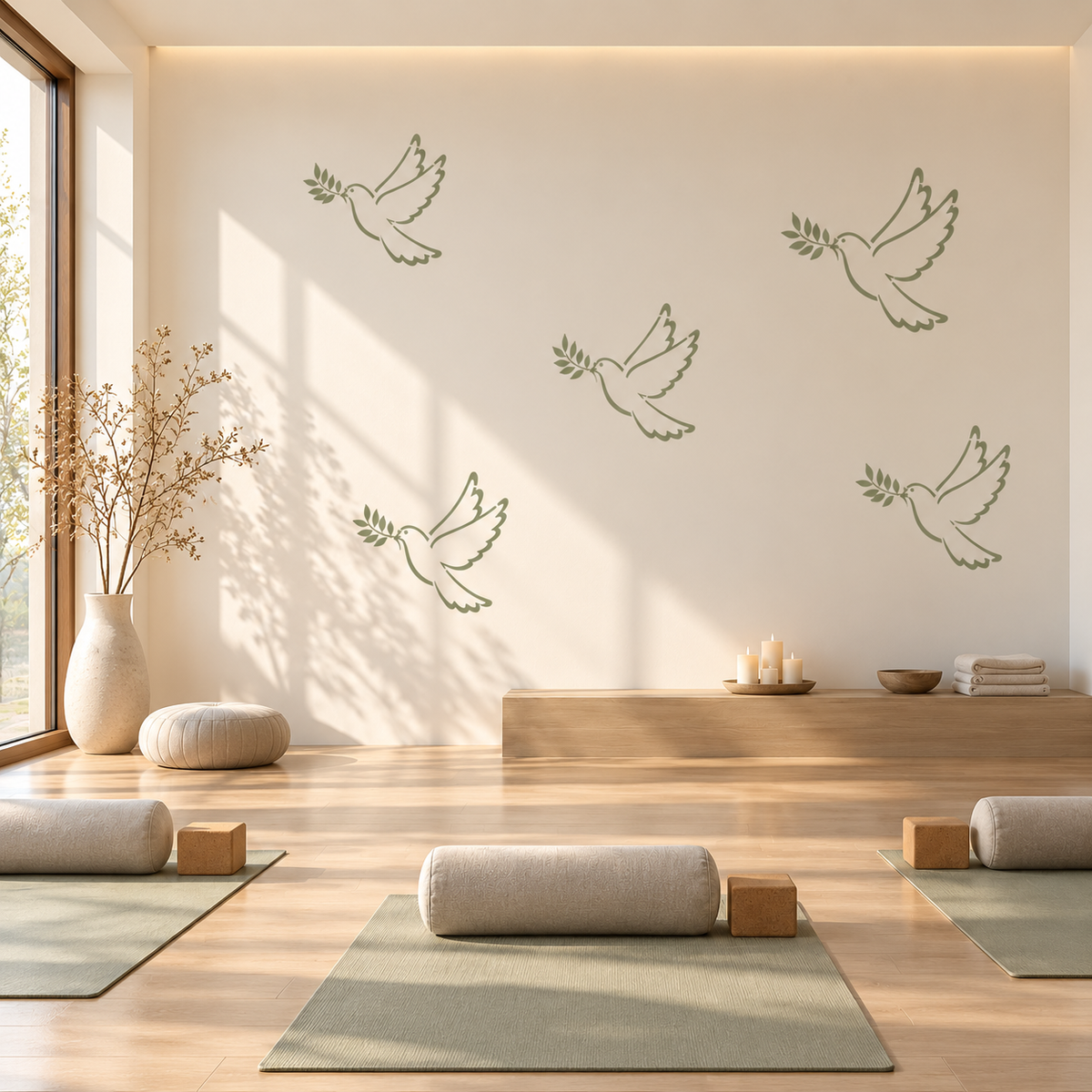 Dove Stencil in sage green with flying doves and olive branches on a warm neutral yoga studio wall