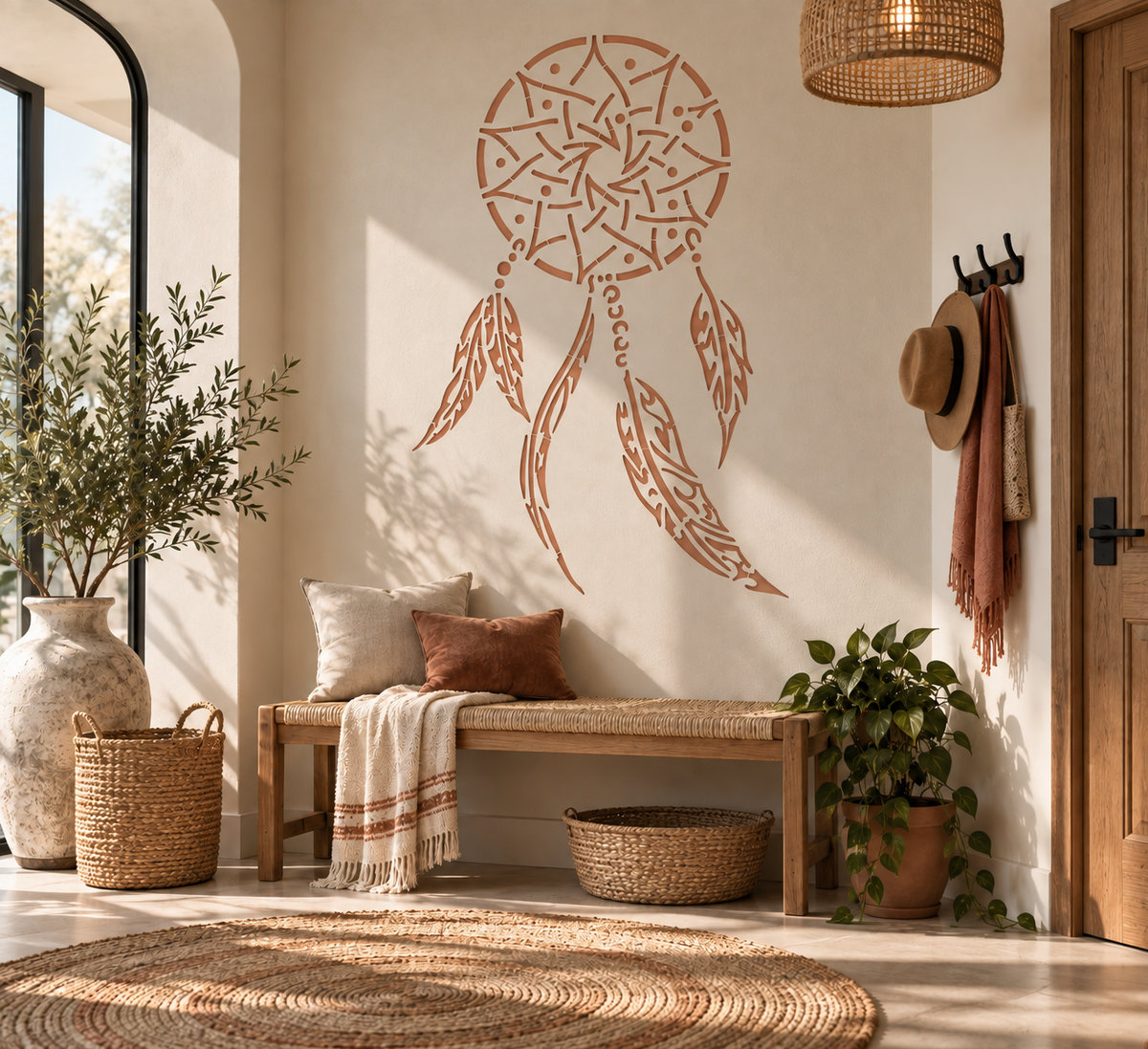 Dreamcatcher stencil in terracotta orange on a wall in a warm boho entryway