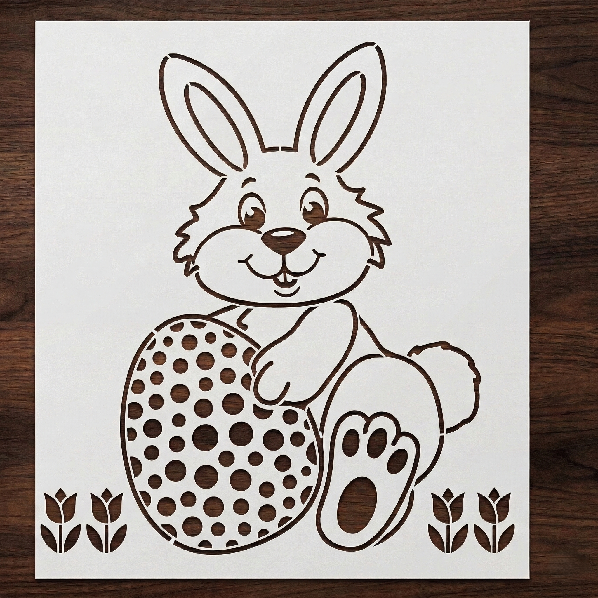 Easter bunny stencil with decorated egg – reusable Mylar stencil for Easter crafts and decorations.