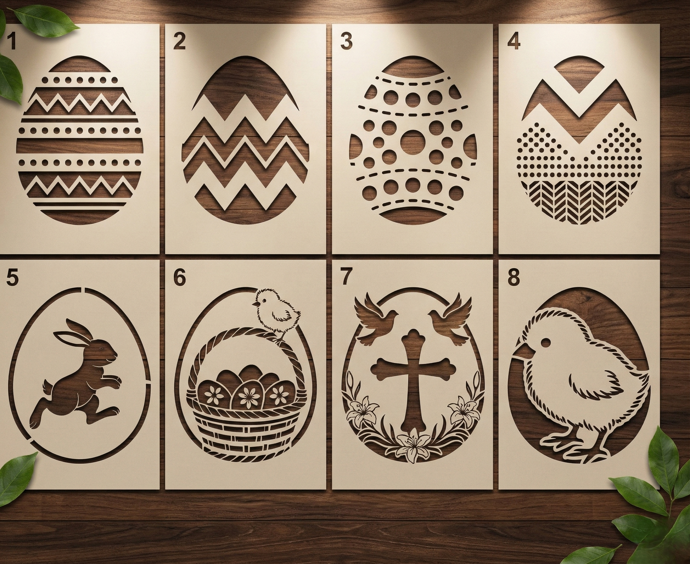 Set of decorative Easter egg stencil patterns – reusable templates for Easter egg decorating.
