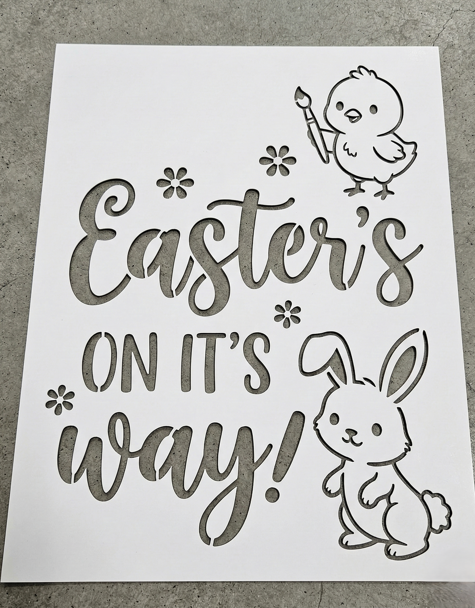 Easter is on its way stencil with bunny and chick – reusable stencil for Easter decorations and crafts.