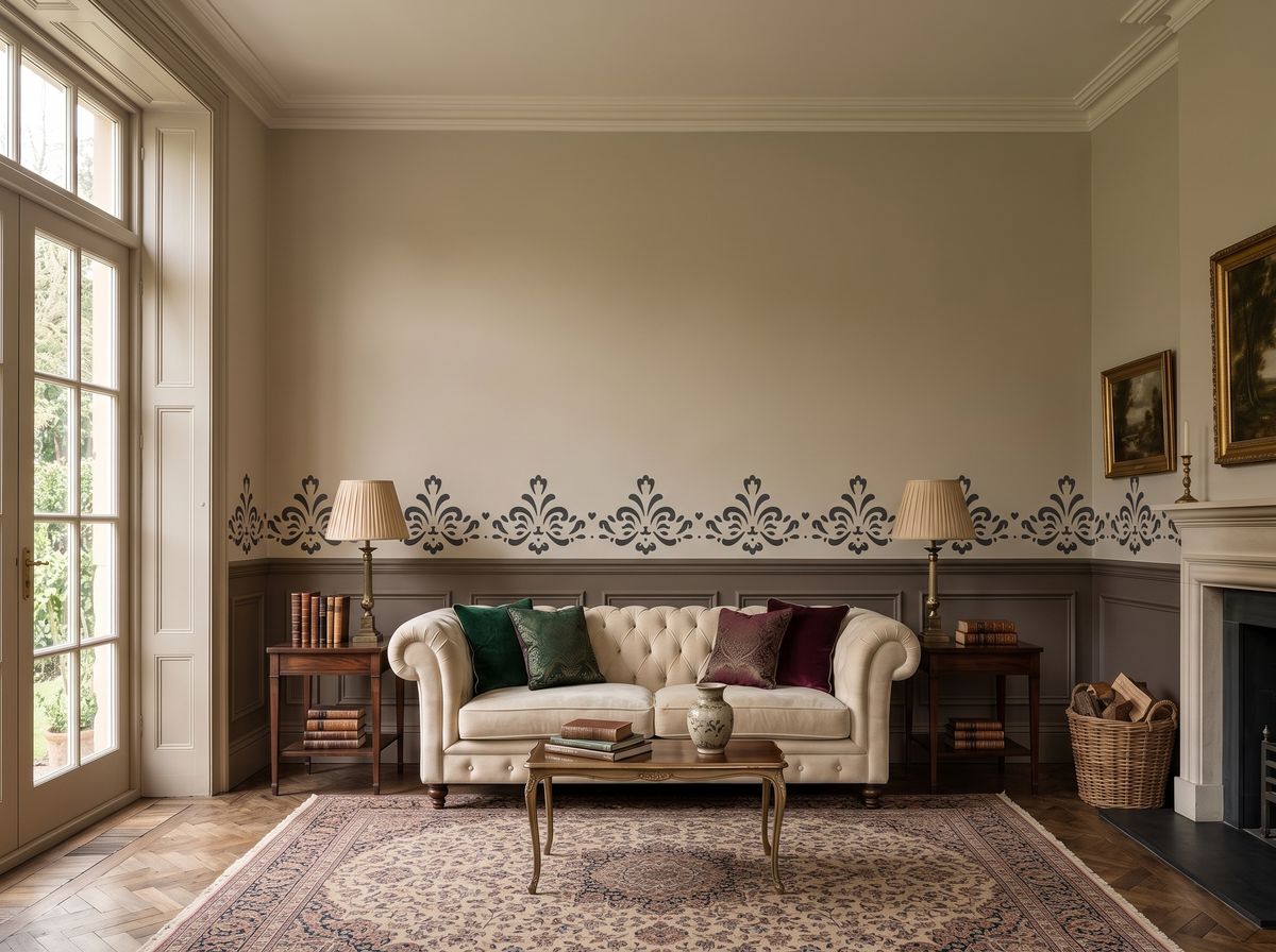 Elegant Fleur de Lis Border Stencil used as a decorative wall accent in a classic living room