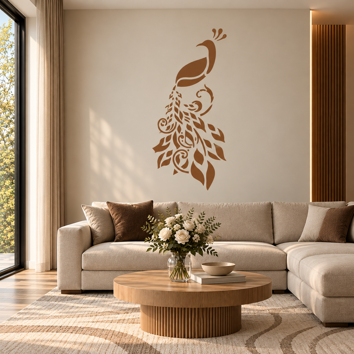 Elegant Peacock Stencil in terracotta with an ornamental peacock and flowing leaf-patterned tail on a neutral wall above a cream sofa in a cozy living room.