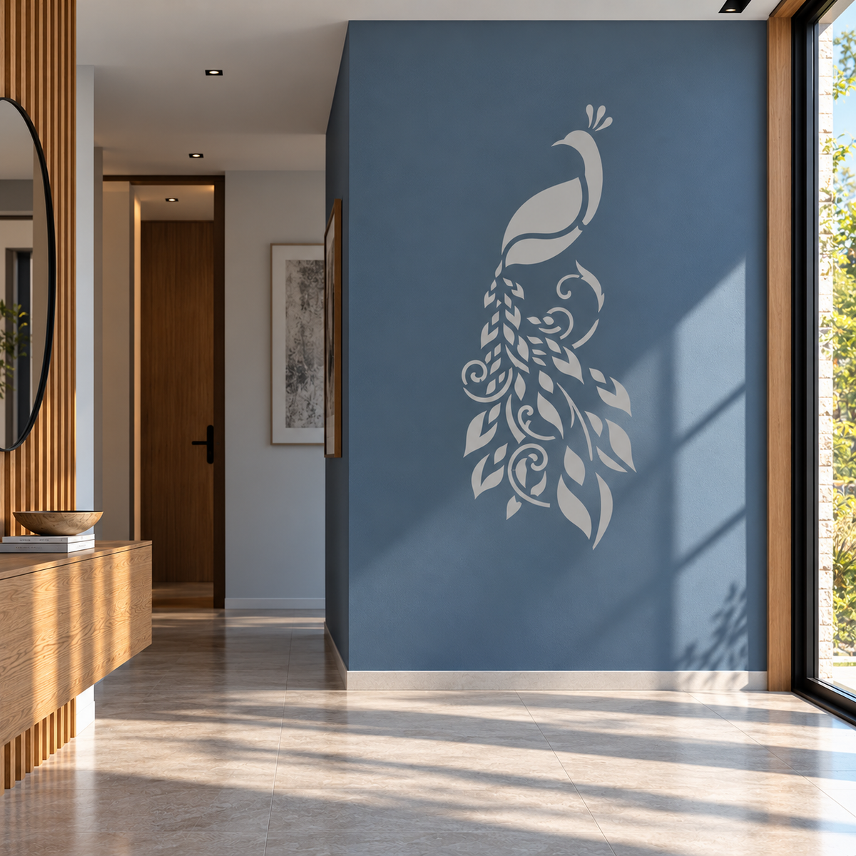 Elegant Peacock Stencil in white featuring a decorative peacock with an elegant flowing tail on a muted blue accent wall in a modern entryway.