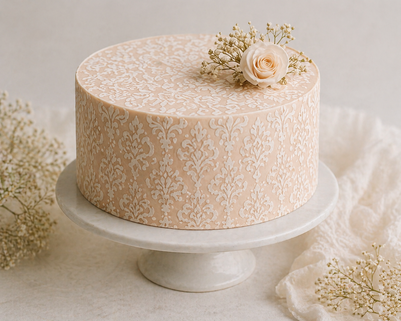 elegant wedding cake with floral stencil pattern and delicate rose decoration