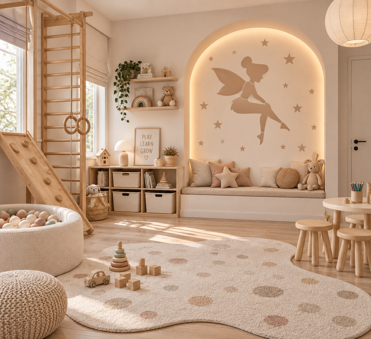 Neutral fairy wall stencil with scattered stars in a warm modern kids’ playroom.