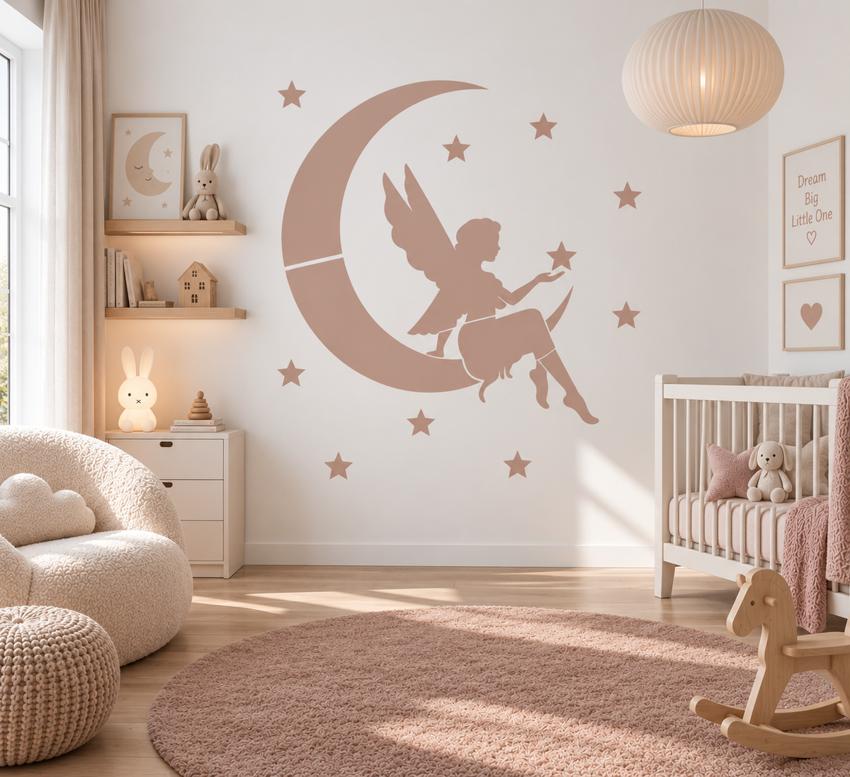 Beige fairy on moon and stars wall stencil in a warm neutral nursery.